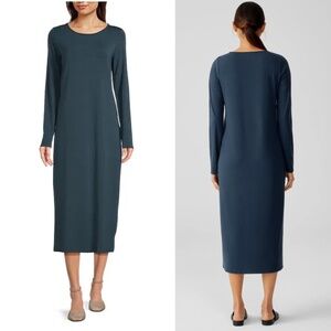 NWT Eileen Fisher Tencel Jersey Knit Scoop Neck Long Sleeve Midi Shift Dress